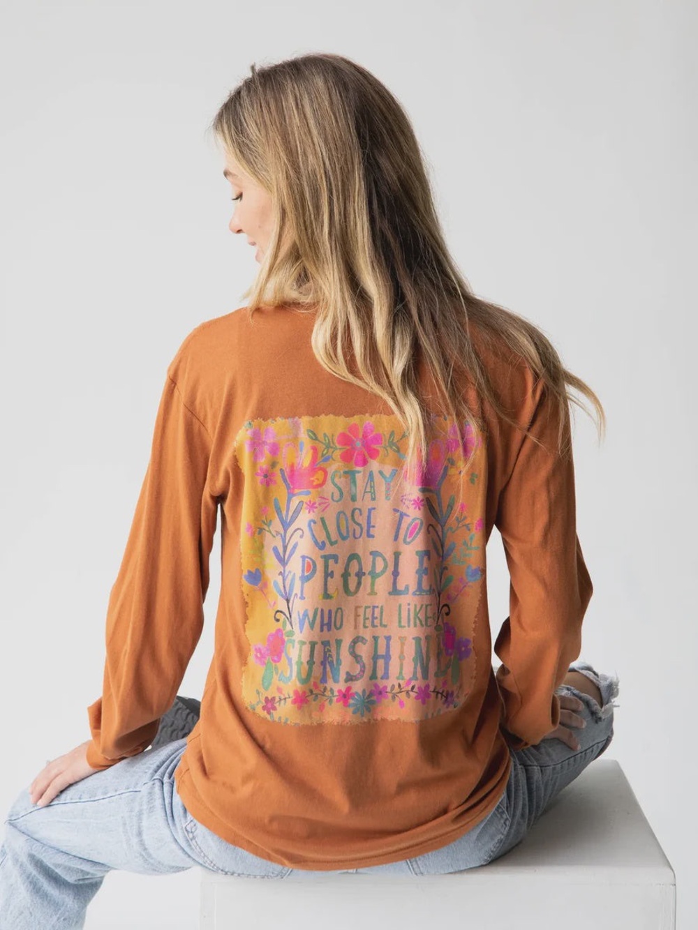 NATURAL LIFE XXXL Rust Long Sleeve Tee with Colorful Floral Back Graphic